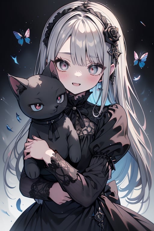 a puppet, a woman with a small body, teenager, gray hair, smiling, black rose patch on her left eye, very elegant black dress from the Victorian era, silver eyes, perfect face, happy, yandere, psychopath, corrodia, hive mind semi-central, small breasts, masterpiece, very good quality, excellent quality, loli, small body,loli,young man, holding a stuffed cat in her arms, gothic.