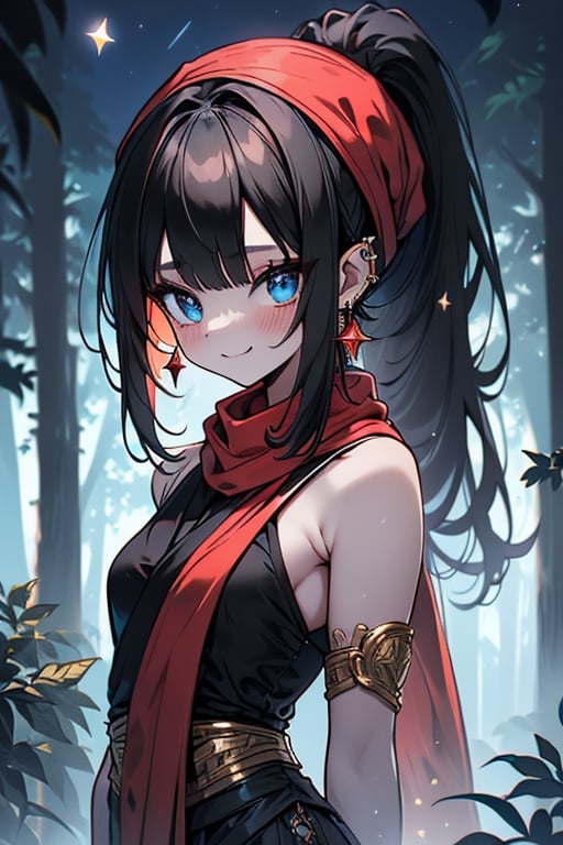 black hair, blue eyes, sari
 outfit with black edges, a red scarf with gold stripes, the edges have small golden touches, friendly face, a black spandex that covers her entire body, headscarf, killer, happy smile , bangs, in the forest at night, masterpiece, star earrings, detailed, high quality, absurd, the strongest human of all, bringer of the world's hope, hair in ponytail.