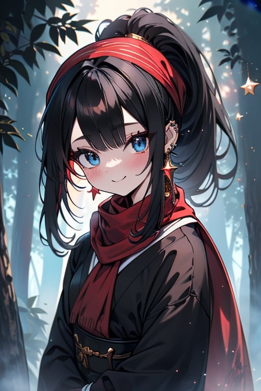 black hair, blue eyes, Geisha
 outfit with black edges, a red scarf with gold stripes, the edges have small golden touches, friendly face, a black spandex that covers her entire body, headscarf, killer, happy smile , bangs, in the forest at night, masterpiece, star earrings, detailed, high quality, absurd, the strongest human of all, bringer of the world's hope, hair in ponytail.