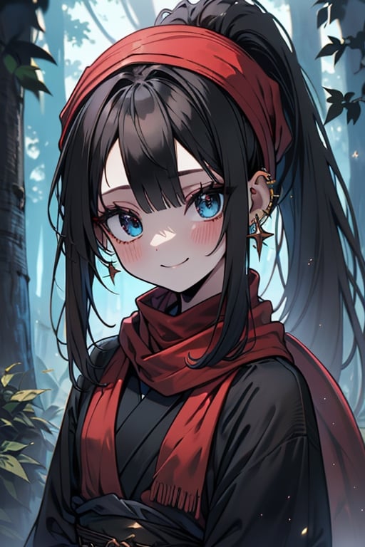 black hair, blue eyes, green Kimono
 outfit with black edges, a red scarf with gold stripes, the edges have small golden touches, friendly face, a black spandex that covers her entire body, headscarf, killer, happy smile , bangs, in the forest at night, masterpiece, star earrings, detailed, high quality, absurd, the strongest human of all, bringer of the world's hope, hair in ponytail,black lycra.