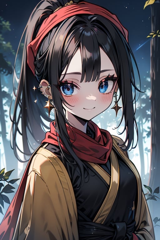 black hair, blue eyes, yellow Kimono
 outfit with black edges, a red scarf with gold stripes, the edges have small golden touches, friendly face, a black spandex that covers her entire body, headscarf, killer, happy smile , bangs, in the forest at night, masterpiece, star earrings, detailed, high quality, absurd, the strongest human of all, bringer of the world's hope, hair in ponytail,black lycra.