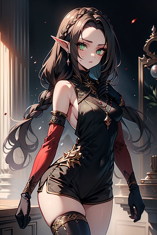 pointy ears,nobility dress, elegant, shorts, black tunic, green eyes, long hair with braids, boring eyes, serious, brown hair, masterpiece, good quality, very good quality, ancient princess, assassin, without hair bangs, high forehead, pure blood elf, noble, tall figure, woman with a proud attitude,small breasts, thin, small butt,black gloves, black pantyhouse.

,frieren