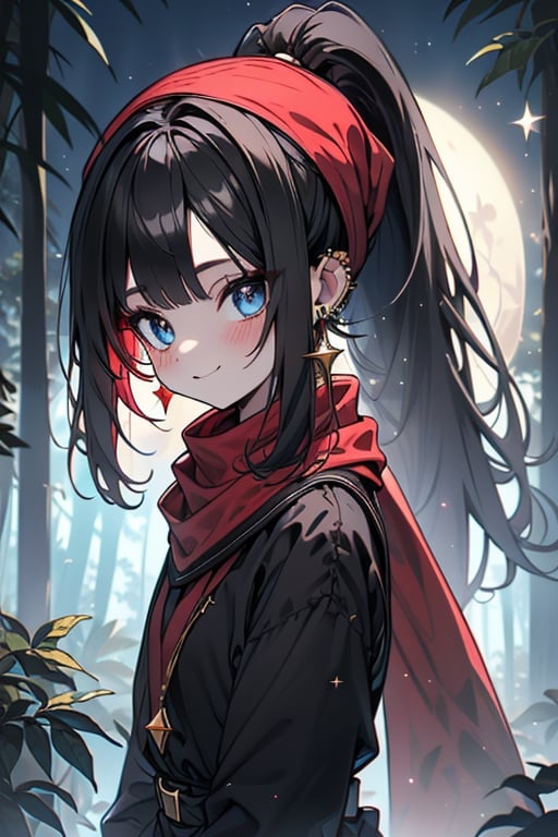 black hair, blue eyes, hiyab
 outfit with black edges, a red scarf with gold stripes, the edges have small golden touches, friendly face, a black spandex that covers her entire body, headscarf, killer, happy smile , bangs, in the forest at night, masterpiece, star earrings, detailed, high quality, absurd, the strongest human of all, bringer of the world's hope, hair in ponytail.