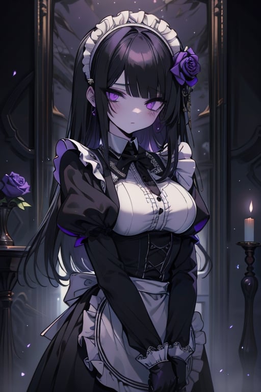 a puppet, a woman with a tall body, black hair, empty eyes, black rose patch on the left eye, maid outfit, purple eyes, perfect face, yandere, psychopath, corrodia, semi-central hive mind, medium breasts, masterpiece, very good quality, excellent quality, young,
 gothic, sculptor of souls, long hair, maid's headband, expressionless, lifeless.
