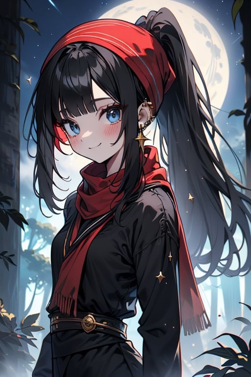 black hair, blue eyes, hiyab
 outfit with black edges, a red scarf with gold stripes, the edges have small golden touches, friendly face, a black spandex that covers her entire body, headscarf, killer, happy smile , bangs, in the forest at night, masterpiece, star earrings, detailed, high quality, absurd, the strongest human of all, bringer of the world's hope, hair in ponytail.