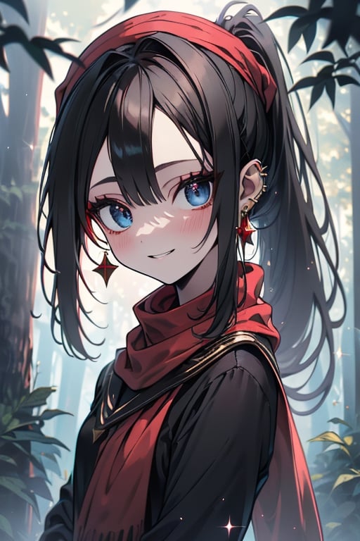 black hair, blue eyes, light red English dress with black edges, a red scarf with gold stripes, the edges have small golden touches, friendly face, a black lycra that covers her entire body, headscarf, killer, happy smile, bangs, in the forest at night, masterpiece, star earrings, detailed, high quality, absurd, the strongest human of all, bringer of the world's hope, hair in ponytail
