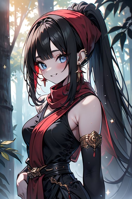 black hair, blue eyes, sari
 outfit with black edges, a red scarf with gold stripes, the edges have small golden touches, friendly face, a black spandex that covers her entire body, headscarf, killer, happy smile , bangs, in the forest at night, masterpiece, star earrings, detailed, high quality, absurd, the strongest human of all, bringer of the world's hope, hair in ponytail.