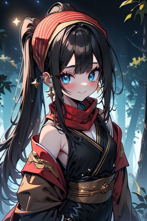 black hair, blue eyes, yellow Kimono
 outfit with black edges, a red scarf with gold stripes, the edges have small golden touches, friendly face, a black spandex that covers her entire body, headscarf, killer, happy smile , bangs, in the forest at night, masterpiece, star earrings, detailed, high quality, absurd, the strongest human of all, bringer of the world's hope, hair in ponytail,black lycra.