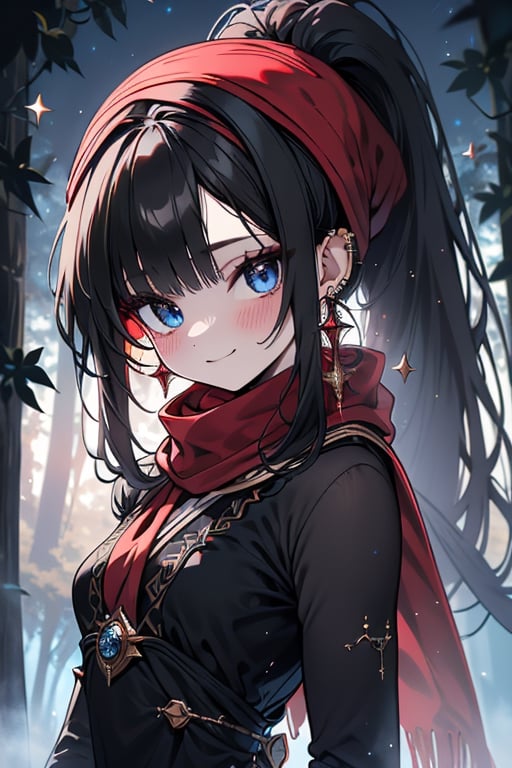 black hair, blue eyes,victorian princess dress outfit with black edges, a red scarf with gold stripes, the edges have small golden touches, friendly face, a black spandex that covers her entire body, headscarf, killer, happy smile , bangs, in the forest at night, masterpiece, star earrings, detailed, high quality, absurd, the strongest human of all, bringer of the world's hope, hair in ponytail.