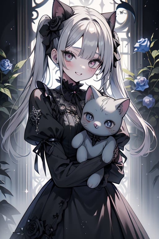 a puppet, a woman with a small body, teenager, gray hair, smiling, black rose patch on her left eye, very elegant black dress from the Victorian era, silver eyes, perfect face, happy, yandere, psychopath, corrodia, hive mind semi-central, small breasts, masterpiece, very good quality, excellent quality, loli, small body,loli,young man, holding a stuffed cat in her arms, gothic,sculptor of souls,two long pigtails in her hair.
