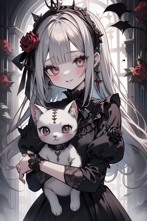 a puppet, a woman with a small body, teenager, gray hair, smiling, black rose patch on her left eye, very elegant black dress from the Victorian era, silver eyes, perfect face, happy, yandere, psychopath, corrodia, hive mind semi-central, small breasts, masterpiece, very good quality, excellent quality, loli, small body,loli,young man, holding a stuffed cat in his arms, red threads on her fingers,gothic.