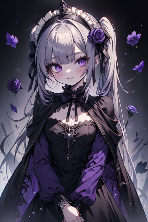 a puppet, a woman with a small body, teenager, gray hair, smiling, black rose patch on her left eye, very elegant black dress from the Victorian era, purple eyes, perfect face, happy, yandere, psychopath, corrodia, hive mind semi-central, small breasts, masterpiece, very good quality, excellent quality, loli, small body,loli,young man, 
 gothic,sculptor of souls,two long pigtails in her hair,maid headband,purple cape
