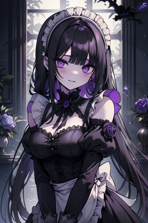 a puppet, a woman with a tall body, black hair, empty eyes, black rose patch on the left eye, maid outfit, purple eyes, perfect face, happy, yandere, psychopath, corrodia, semi-central hive mind, medium breasts, artwork teacher, very good quality, excellent quality, young,
 gothic, soul sculptor, long hair, maid headband.

