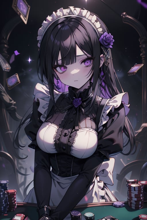 a puppet, a woman with a tall body, black hair, empty eyes, black rose patch on the left eye, maid outfit, purple eyes, perfect face, yandere, psychopath, corrodia, semi-central hive mind, medium breasts, masterpiece, very good quality, excellent quality, young,
 gothic, sculptor of souls, long hair, maid's headband, expressionless, poker face, lifeless.
