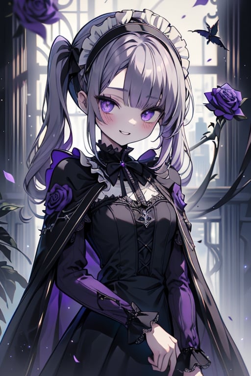 a puppet, a woman with a small body, teenager, gray hair, smiling, black rose patch on her left eye, very elegant black dress from the Victorian era, purple eyes, perfect face, happy, yandere, psychopath, corrodia, hive mind semi-central, small breasts, masterpiece, very good quality, excellent quality, loli, small body,loli,young man, 
 gothic,sculptor of souls,two long pigtails in her hair,maid headband,purple cape
