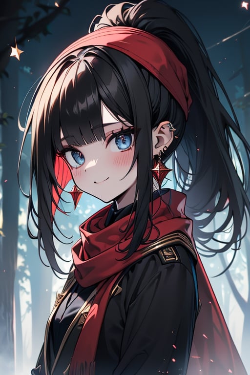 black hair, blue eyes,black guard suit
 outfit with black edges, a red scarf with gold stripes, the edges have small golden touches, friendly face, a black spandex that covers her entire body, headscarf, killer, happy smile , bangs, in the forest at night, masterpiece, star earrings, detailed, high quality, absurd, the strongest human of all, bringer of the world's hope, hair in ponytail.