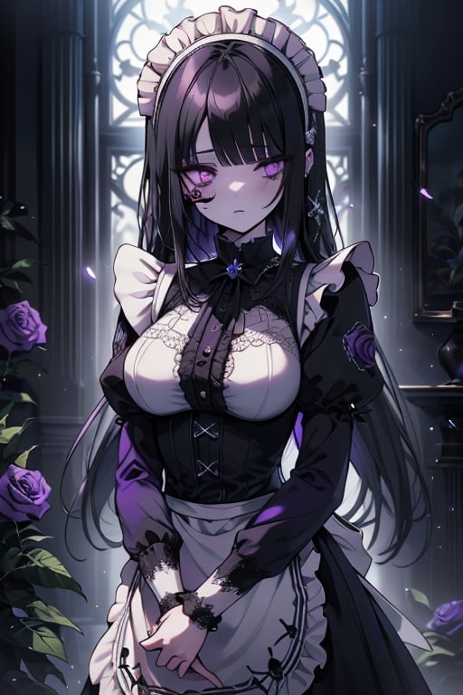 a puppet, a woman with a tall body, black hair, empty eyes, black rose patch on the left eye, maid outfit, purple eyes, perfect face, yandere, psychopath, corrodia, semi-central hive mind, medium breasts, masterpiece, very good quality, excellent quality, young,
 gothic, sculptor of souls, long hair, maid's headband, expressionless, lifeless.
