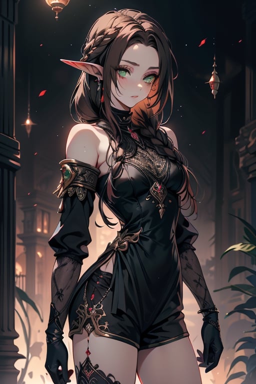 pointy ears,nobility dress, elegant, shorts, black tunic, green eyes, long hair with braids, boring eyes, serious, brown hair, masterpiece, good quality, very good quality, ancient princess, assassin, without hair bangs, high forehead, pure blood elf, noble, tall figure, woman with a proud attitude,small breasts, thin, small butt,black gloves, black pantyhouse.

,frieren