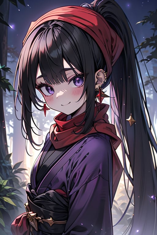 black hair, blue eyes, purple Kimono
 outfit with black edges, a red scarf with gold stripes, the edges have small golden touches, friendly face, a black spandex that covers her entire body, headscarf, killer, happy smile , bangs, in the forest at night, masterpiece, star earrings, detailed, high quality, absurd, the strongest human of all, bringer of the world's hope, hair in ponytail,black lycra.