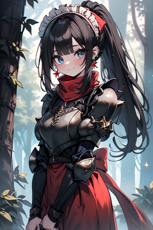 black hair, blue eyes, light red maid outfit with black edges, a red scarf with gold stripes, the edges have small golden touches, friendly face, a black spandex that covers her entire body, headscarf, killer, happy smile , bangs, in the forest at night, masterpiece, star earrings, detailed, high quality, absurd, the strongest human of all, bringer of the world's hope, hair in ponytail,Full armor, black breastplate.