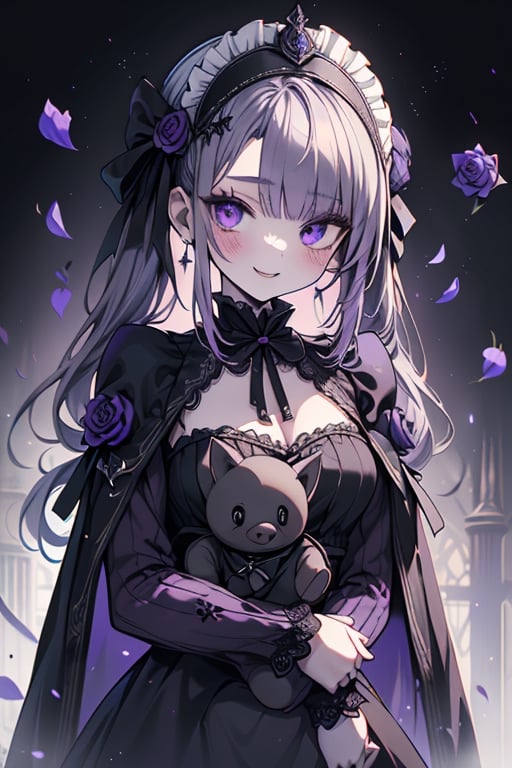 a puppet, a woman with a small body, teenager, gray hair, smiling, black rose patch on her left eye, very elegant black dress from the Victorian era, purple eyes, perfect face, happy, yandere, psychopath, corrodia, hive mind semi-central, small breasts, masterpiece, very good quality, excellent quality, loli, small body,loli,young man, 
cat in her arms, gothic,sculptor of souls,two long pigtails in her hair,maid headband,purple cape
