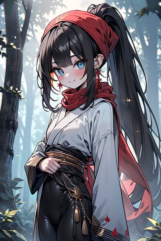 black hair, blue eyes, white Kimono
 outfit with black edges, a red scarf with gold stripes, the edges have small golden touches, friendly face, a black spandex that covers her entire body, headscarf, killer, happy smile , bangs, in the forest at night, masterpiece, star earrings, detailed, high quality, absurd, the strongest human of all, bringer of the world's hope, hair in ponytail,black lycra.