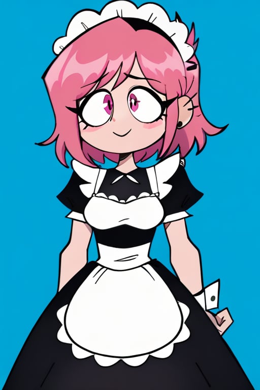  pink_hair, pink_eyes, medium_hair, medium_breasts, good_hands, good_face, maid_outfit, valbun,