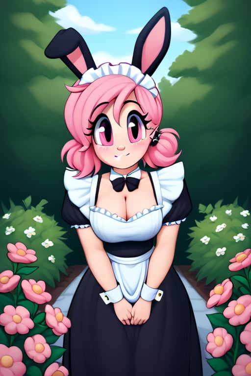 saymanart style, score_4_up, score_5_up, score_6_up, score_7_up, score_8_up, score_9, pink_hair, pink_eyes, medium_hair, good_hands, good_face, voluptous, curvy, maid_outfit, flowers, flora_fauna, bunnies, bunny,