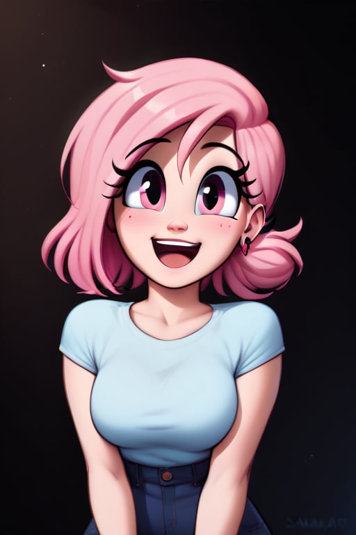 saymanart style, score_4_up, score_5_up, score_6_up, score_7_up, score_8_up, score_9, pink_hair, pink_eyes, medium_hair, medium_breasts, good_hands, good_face, happy, joyful, excited,