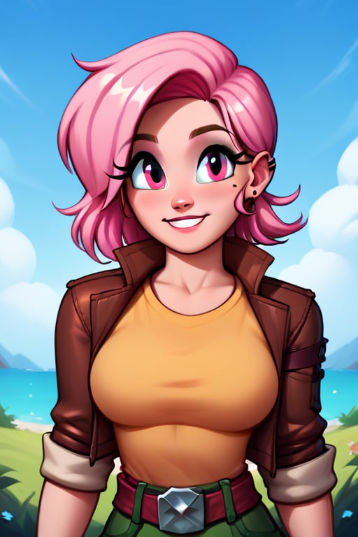 saymanart style, score_4_up, score_5_up, score_6_up, score_7_up, score_8_up, score_9, good_hands, good_face, pink_eyes, pink_hair, medium_hair, medium_breasts, roleplaying, dungeons_&_dragons, rogue,