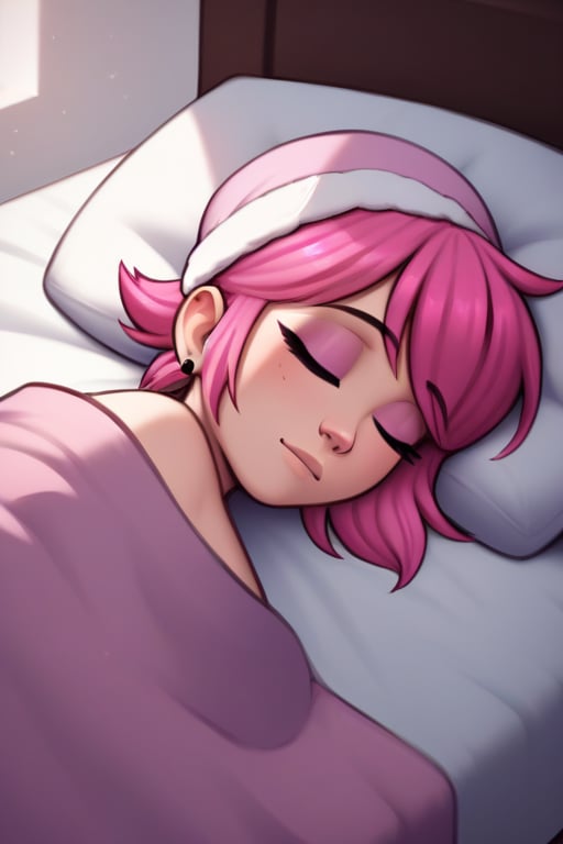 saymanart style, score_4_up, score_5_up, score_6_up, score_7_up, score_8_up, score_9, pink_hair, pink_eyes, medium_hair, stuck_in_bed, sleeping, asleep, sleeping_cap,