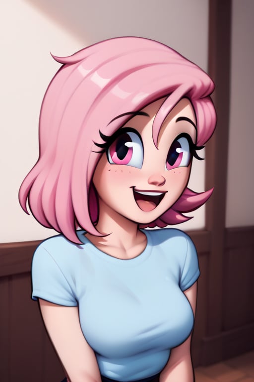 saymanart style, score_4_up, score_5_up, score_6_up, score_7_up, score_8_up, score_9, pink_hair, pink_eyes, medium_hair, medium_breasts, good_hands, good_face, happy, joyful, excited,