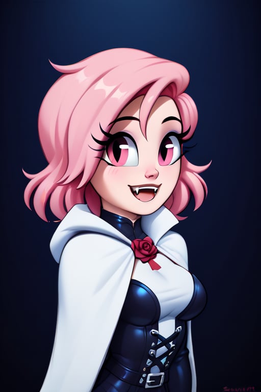 saymanart style, score_4_up, score_5_up, score_6_up, score_7_up, score_8_up, score_9, pink_hair, pink_eyes, medium_hair, medium_breasts, good_hands, good_face, vampire, fangs, white_skin, cloak, leather_clothing,