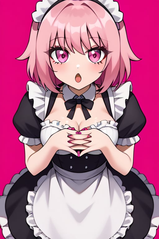  pink_hair, pink_eyes, medium_hair, medium_breasts, good_hands, good_face, maid_outfit, jtveemo,