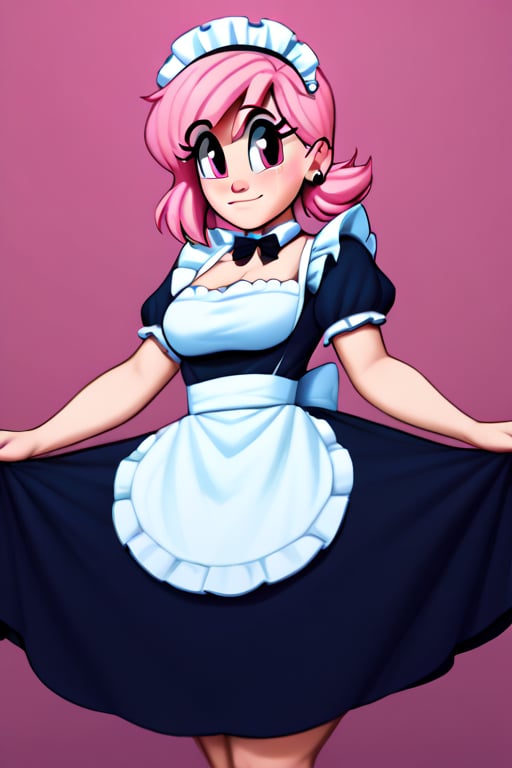 saymanart style, score_4_up, score_5_up, score_6_up, score_7_up, score_8_up, score_9, pink_hair, pink_eyes, medium_hair, good_hands, good_face, voluptous, curvy, maid_outfit, 