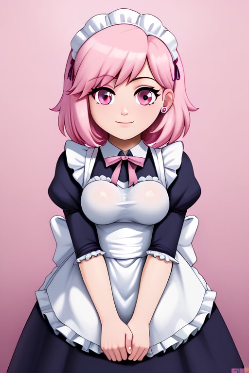  pink_hair, pink_eyes, medium_hair, medium_breasts, good_hands, good_face, maid_outfit, jlullaby,