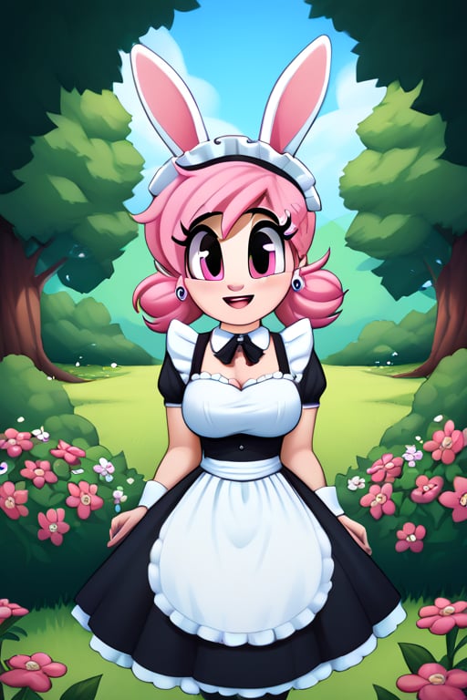 saymanart style, score_4_up, score_5_up, score_6_up, score_7_up, score_8_up, score_9, pink_hair, pink_eyes, medium_hair, good_hands, good_face, voluptous, curvy, maid_outfit, flowers, flora_fauna, bunnies, bunny,