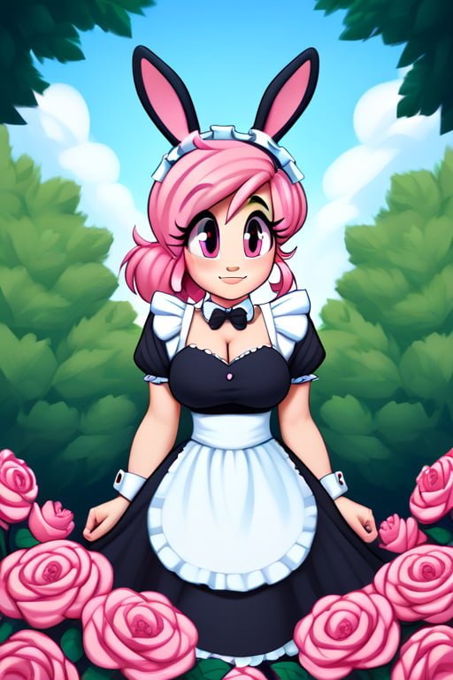 saymanart style, score_4_up, score_5_up, score_6_up, score_7_up, score_8_up, score_9, pink_hair, pink_eyes, medium_hair, good_hands, good_face, voluptous, curvy, maid_outfit, flowers, flora_fauna, bunnies, bunny,