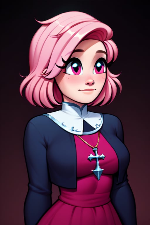 saymanart style, score_4_up, score_5_up, score_6_up, score_7_up, score_8_up, score_9, good_hands, good_face, pink_eyes, pink_hair, medium_hair, medium_breasts, roleplaying, dungeons_&_dragons, cleric, 