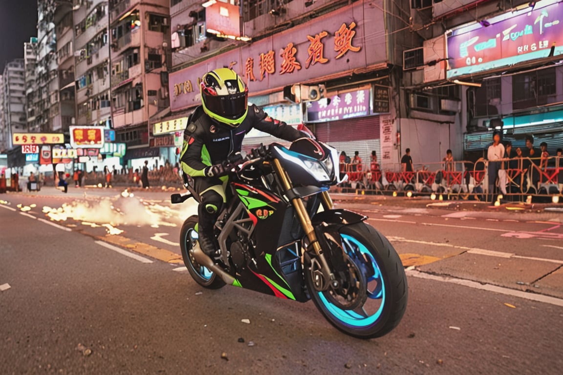 8K, UHD, low angle perspective shot, photo-realistic, cinematic, dramatic angle crop, night street buildings scene with neon streaks, dark night, slow shutter speed, (big motorbike banking very super low:1.1) knee touching road, eyes seen through helmet, rider wearing gp racewear, beautiful 1800cc futuristic bike with neon lights, skid and fall, depth of field, small sparks on wheel, smoke on back wheel (serious explosions in background:1.2),hong kong