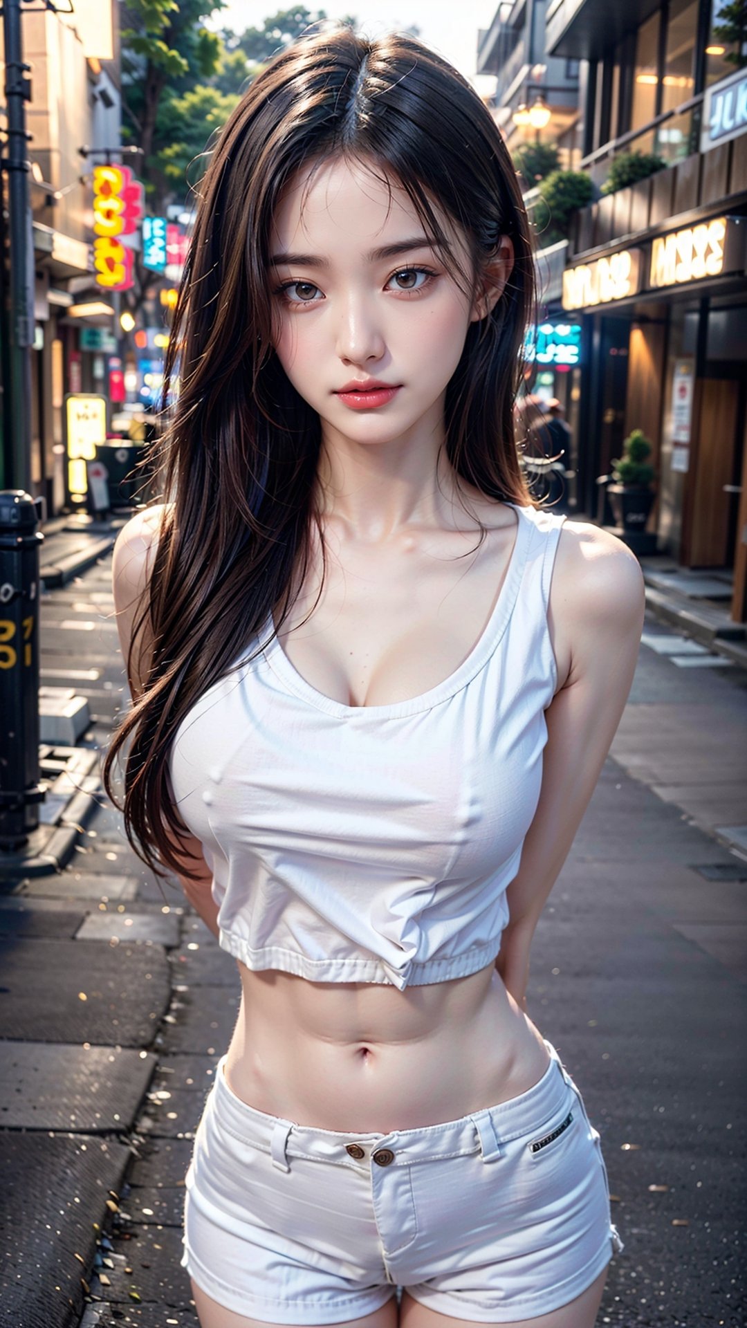 A extremely Cute and Beautiful Pictures of Japan Woman, (22 years old: 1.1), ((cowboy shot:1.3)), ((soft bar lighting:0.95), (Backlight:0.95), (Faint Lighting), (face soft lighting:1.1), (low key:1.1), Look Straight, Cinematic Angle, Graceful standing, (((night situation:1.5))), (looking straight at the viewer:1.3, view viewer:1.3), 
Blake, 
attractive look:1.3, (white tank-top:1.3, bare-shoulder, collarbone), (white shorts:1.3), sneakers:1.3, 
BREAK, 
(dark brown eyes, beautiful eyes, princess eyes), (shiny-blonde hair:1.3, straight thin hair:1.3, bangs, hair between eyes, medium-length hair), (slender, abs), (medium breasts:0.95), (thin waist:1.25), solo, (parted lips, pink glossy lips), (beautiful clean skin), 
BREAK, 
(detailed Paris fashion street:1.25, in front of boutique, outdoor, night time), ((attractive standing:1.3, contrapposto)), (((arms behind back:1.5))), (seductive princess smile: 1.25, closed mouth:1.2), (4fingers and thumb:1.3, perfect human hands. detailed human hands), BREAK, (Realistic, Photorealistic: 1.37), (Masterpiece, Best Quality: 1.2), (Ultra High Definition: 1.2), (RAW Photo: 1.2), (Sharp Focus: 1.3), (Face Focus: 1.2), (Ultra Detailed CG Unified 8k Wallpaper: 1.2), (Beautiful Skin: 1.2), (Pale Skin: 1.1), (Hyper Sharp Focus: 1.5), (Super Sharp Focus: 1.5), (Beautiful Face: 1.3), (Ultra Detailed Background, Detailed Background: 1.3), (perfect female body), ((frame the head:1.3)), perfect anatomy, perfect proportions, 8.5 life-size, face focus, ultra-realistic photos, ultra-clear images, ultra-detailed images,suzuna