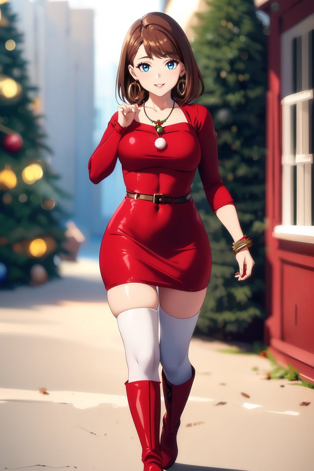 8K, masutepiece, Raw photo, Best Quality, Photorealistic, Highly detailed CG Unity 8k wallpaper, depth of fields, Cinematic Light, Lens Flare, Ray tracing, (Extremely beautiful face, Beautiful lips, Beautiful eyes), intricate detail face, ((Ultra detailed skin)) A girl wearing Christmas costume, Pretty Korean girl, Kpop Idol, (Very slim and slender fit muscular body:1.3), ((Looking at Viewer)),(Big smile:1.3), ( (Blurred background), Dim light), (No people in the background:1.3), Beautiful earrings, Bracelets, Necklace, pantyhose, Clear eyes, Walking , Front shot, (pale skin), (Big eyes), Face forward, (Full body shot), (Brown hairs), open navel, (Looking at Viewer:1.3), Very slim, medium breasts, thick thighs, turn back, (fluttering mini dress), ((Bright dark red metallic color dress)), (Tight skirt), (Knee-high enamel boots:1.2), Ultra mini skirt, upper Shot, Christmas,Christmas Room,Santa Claus