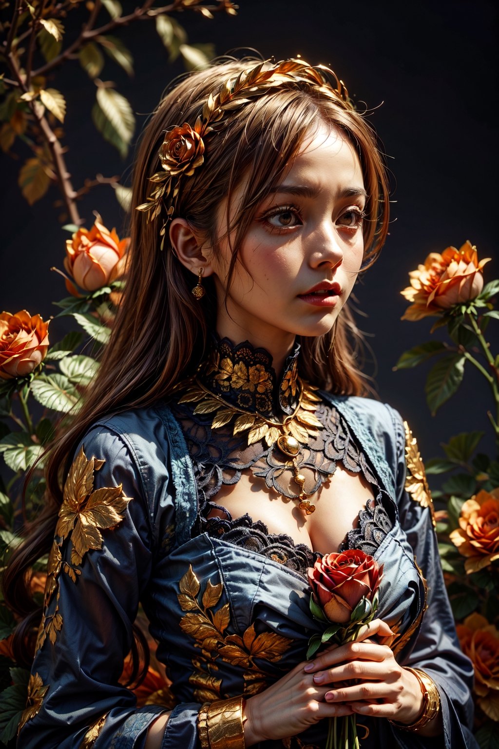 Woman with hidden gaze, nestled among realistic blooms and Gold Edged Black Roses, deep colors, intricate details, by FuturEvoLab, elegant atmosphere.