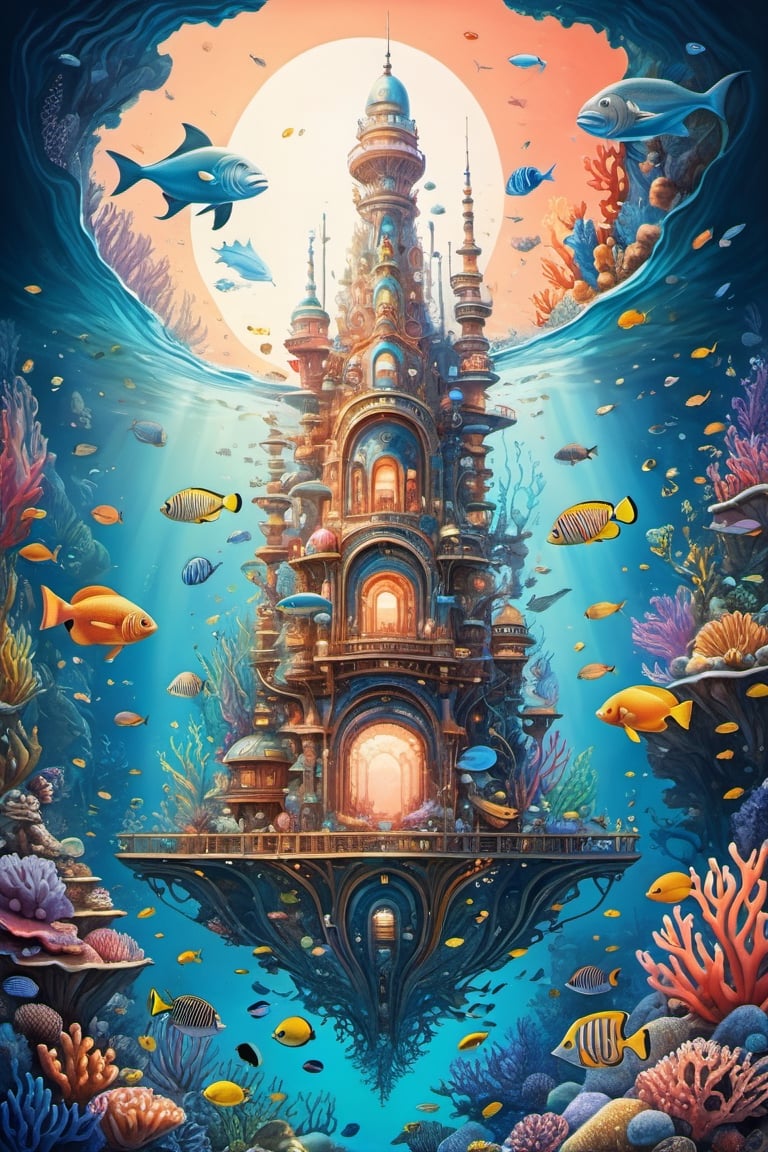 oil-painting, an underwater metropolis, where astronauts explore the depths of the ocean, encountering colorful coral reefs, sea creatures, and submerged skyscrapers, centered image, ultra detailed illustration, posing, (tetradic colors), whimsical, enchanting, fairy tale, (ink lines:1.1), strong outlines, art by MSchiffer, bold traces, unframed, high contrast, (cel-shaded:1.1), vector, 32k resolution, best quality, flat colors, flat lights. Art and mathematics fusion, hyper detailed, trending at artstation, sharp focus, studio photography, intricate detail, highly detailed, centered, perfect symmetrical,