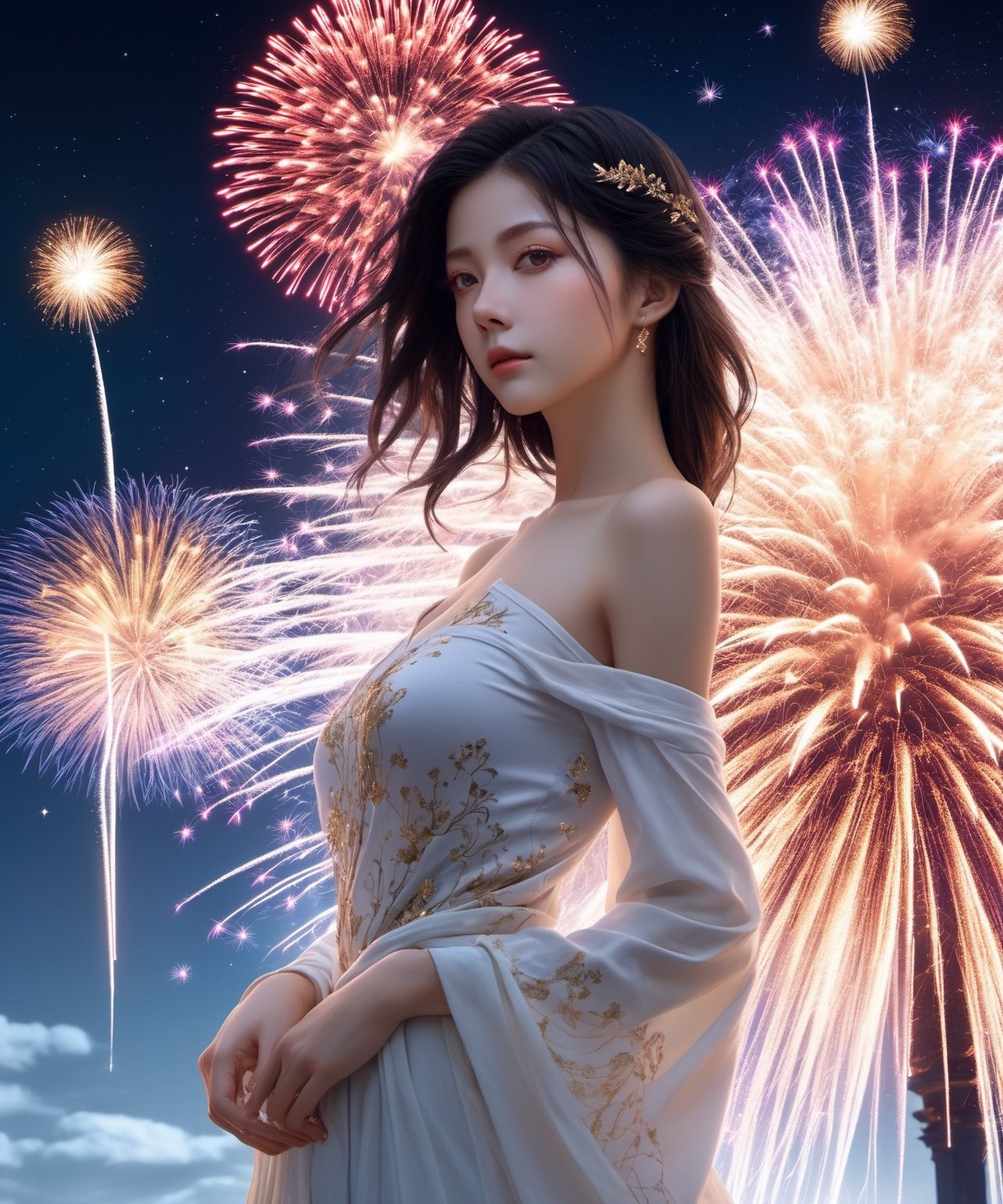 ((extremely detailed CG unity 8k wallpaper)),(masterpiece), (best quality), (ultra-detailed), (best illustration),(best shadow), (an extremely delicate and beautiful), ((((1girl)))), dynamic angle, floating, finely detail, (bloom), (shine), glinting stars, ((((best detailed fireworks)))), ((((depth of field)))), (((hanabi))), Beautiful detailed girl, (((backlight))), extremely delicate and beautiful girls, ((summer long skirt)), (((solo))), best detailed hair, ((beautiful detailed water)), night sky, (((small breast))), beautiful detailed sky, beautiful detailed eyes, (((arms behind back))), long hair, (((dynamic angle))), long skirt