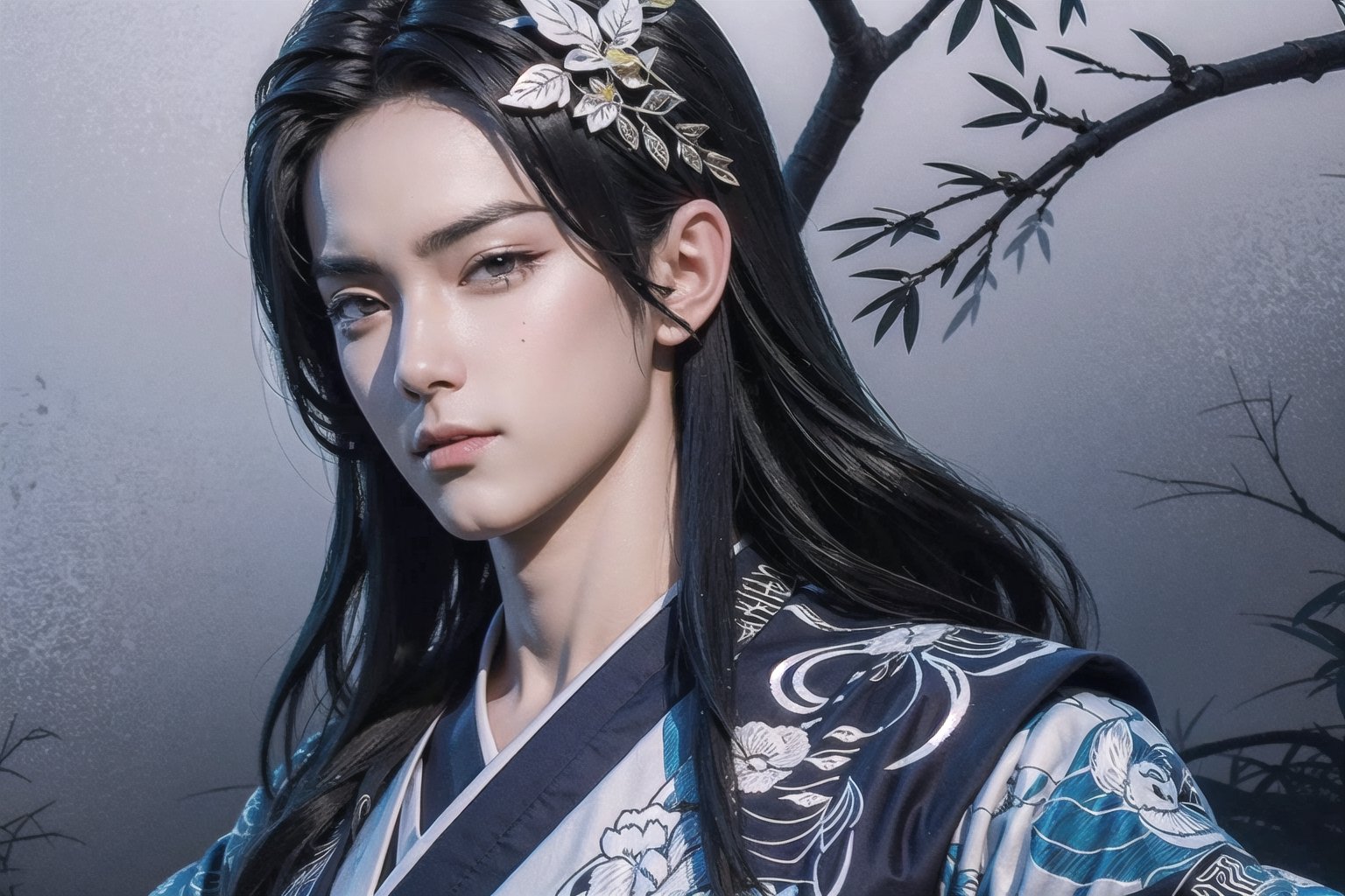 ultra detailed young man with long hair wearing detailed and intricate xianxia ancient clothes, in a detailed ginkgo garden, onmyoji portrait, glowy red smoke, illustration, traditional chinese art merged with art nouveau, ink lines, 32k resolution, best quality