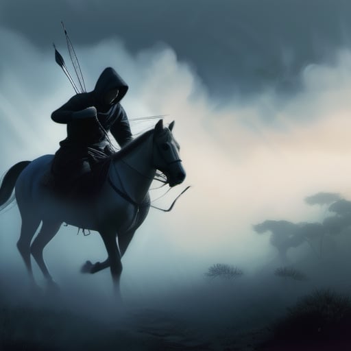 Dark killer. hood. in the evening. Its white horse. Holding bow and arrow in hand. Moving fog. Realistic depiction of dim light and shadow, Fresnel lighting, produced by daz3d, ,, ,chinese ink drawing