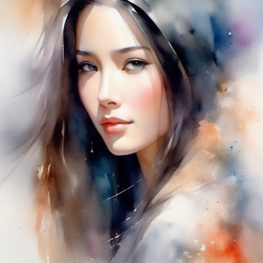 A beautiful oriental woman with long hair, beautiful confident dark eyes, beautiful face, pastel colors, portrait of Willem Haenraets, watercolor, wet on wet and splash technique, concept art, smooth, sharp focus, centered, perfect composition, abstract, super realism,watercolor \(medium\)