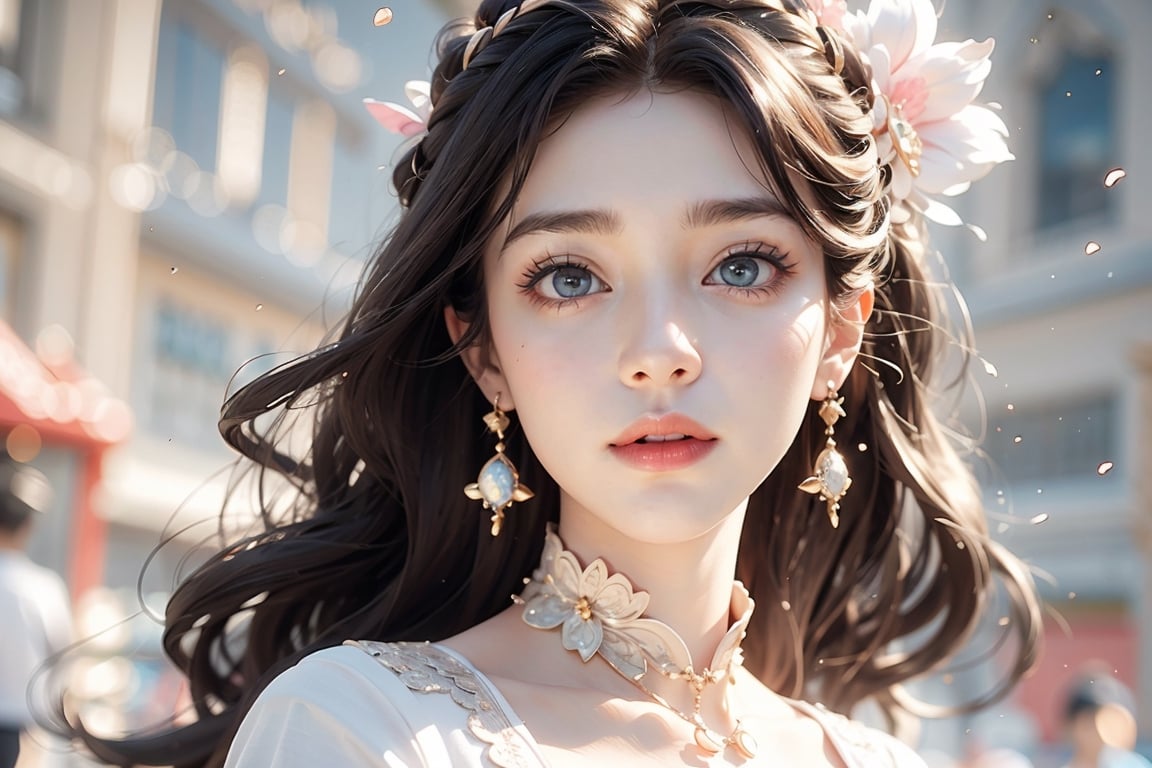 Front view , Autumn style, yellow flowers blooming, depth of field, lighting bokeh as background, pink and white long Boss dress, 1girl, snow-white delicate skin, long light brown curly hair, and a silver hairpin on her head. The eyes are a deep lavender color big and charming, wearing pink and white long Boss dress, and long scaf, Wrap around the neck and cover the chest, full of mysterious stories. With pale pink lips, charming and cute. FilmGirl, xxmix_girl, detailed eyes, perfact eyes, mouth small,  3d style, light bokeh backgroud,3d style,isni,Movie Still,3d,3d render