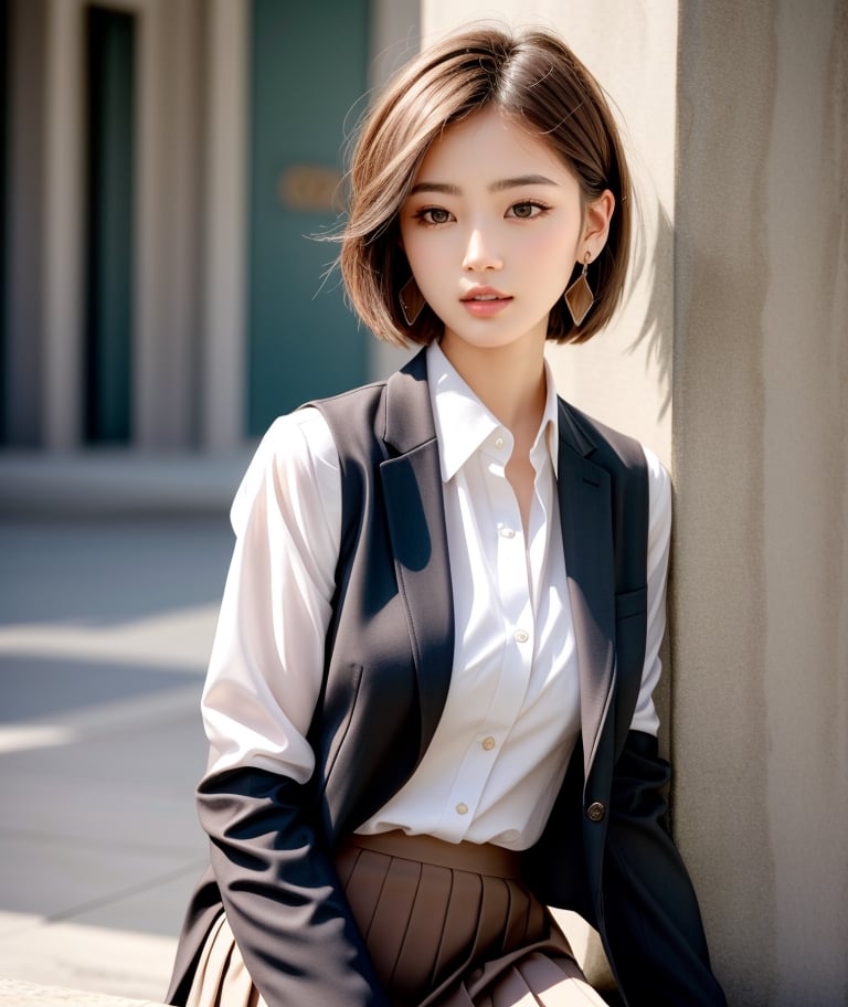 1girl, solo, short hair, skirt, brown hair, black hair, jewelry, jacket, earrings, vest, lips, shadow, formal, suit, realistic